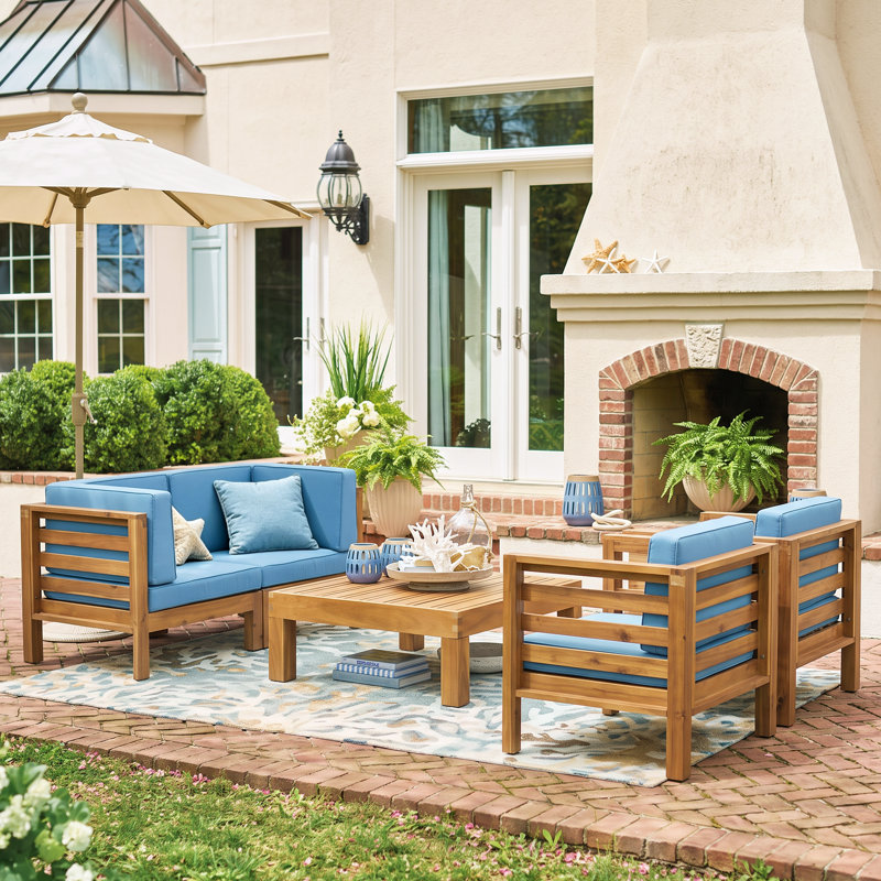 Maher Acacia Wood Patio Conversation Set with Cushions, Blue