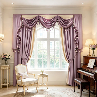 European Vintage Velvet Color‑Blocked Grommet Curtain Set, 2 Panels + Tassel Decorative Valance, Luxury Floor‑Length Drapes for Living Room Bedroom