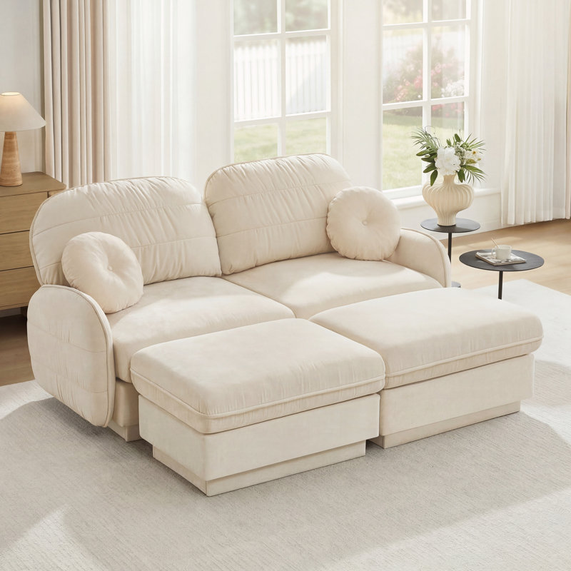 Canapé à assise profonde avec repose-pieds mobiles, Beige crème