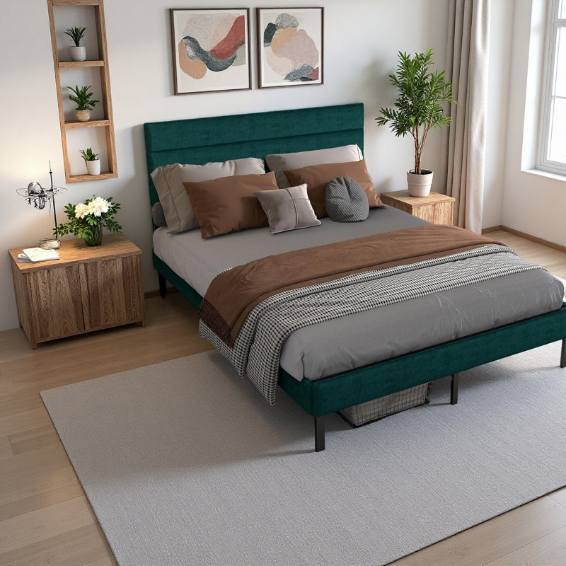 Structure de lit plateforme tapissier - avec tête de lit, aucun sommier nécessaire, rangement sous le lit 14 po, Grand lit