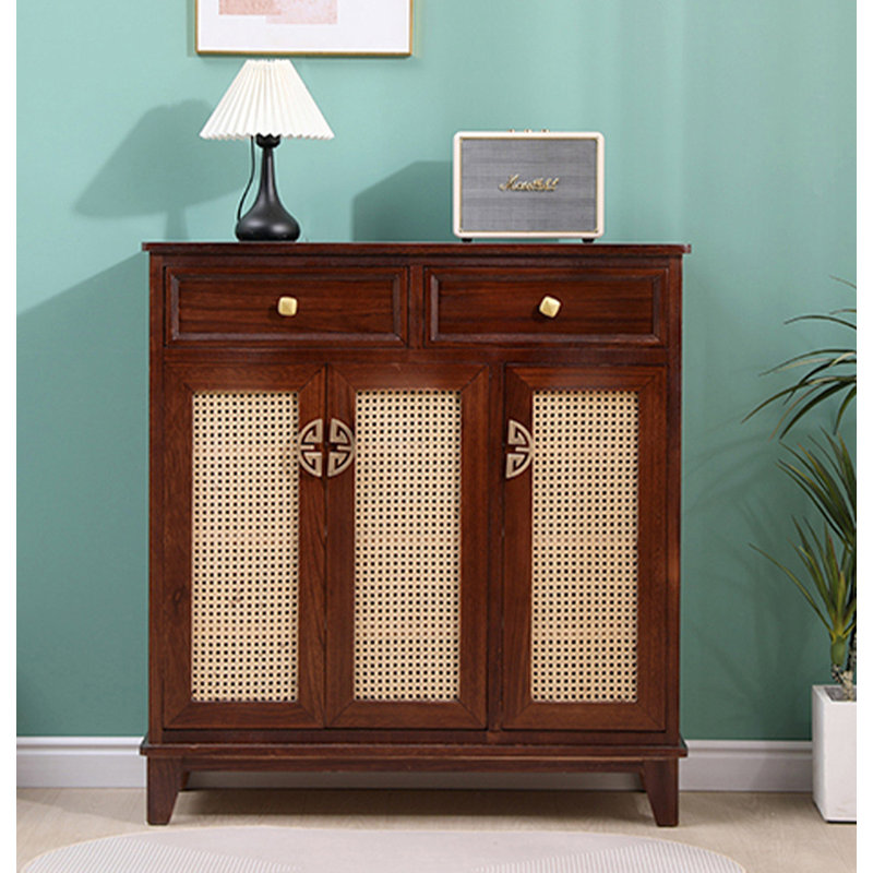 Armoire à chaussures minimaliste en rotin et bois de paulownia massif, Brun