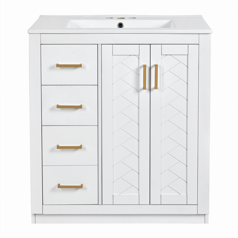 Ensemble de meuble-lavabo 30 po avec lavabo en céramique, meuble de rangement en bois massif, ensemble de meuble-lavabo autoportant avec 3 tiroirs et portes à fermeture douce