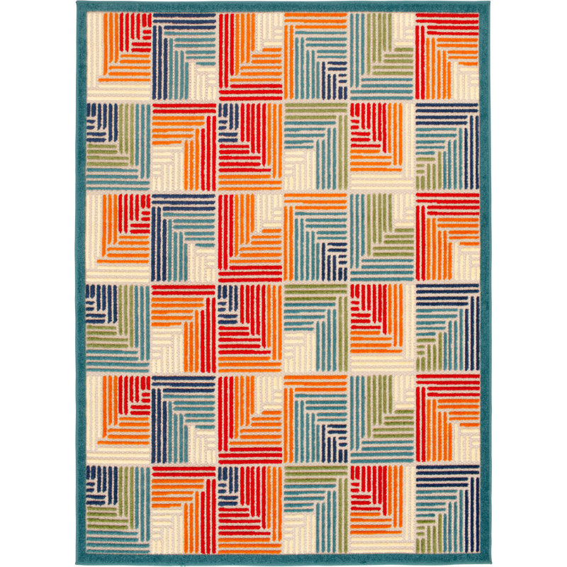 Tapis d'intérieur / extérieur bleu / rouge / orange tissé à la machine à motif géométrique Alkhoury, Rectangle 5 pi x 7 pi