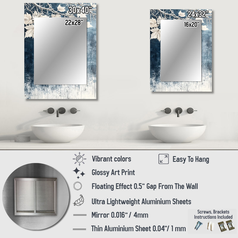 White Frosted Leaves Branches IV - Leaves Decorative Wall Mirror, Traditional Mirror, Printed Metal Art, 40" x 30"