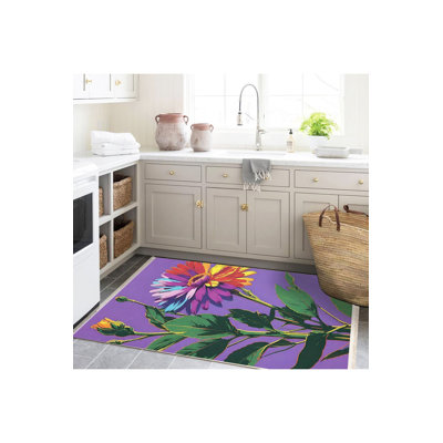 Purple Themed Green Leaf Detail Multicolor Floral Modern Decorative Rug