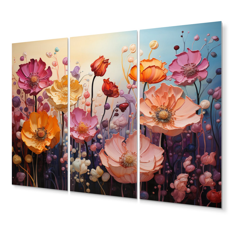 «Mauve, jaune, fleurs sauvages, fleurs éternelles sur toile», 3 pièces, H 28 po x l 36 po x P 1 po, Metal