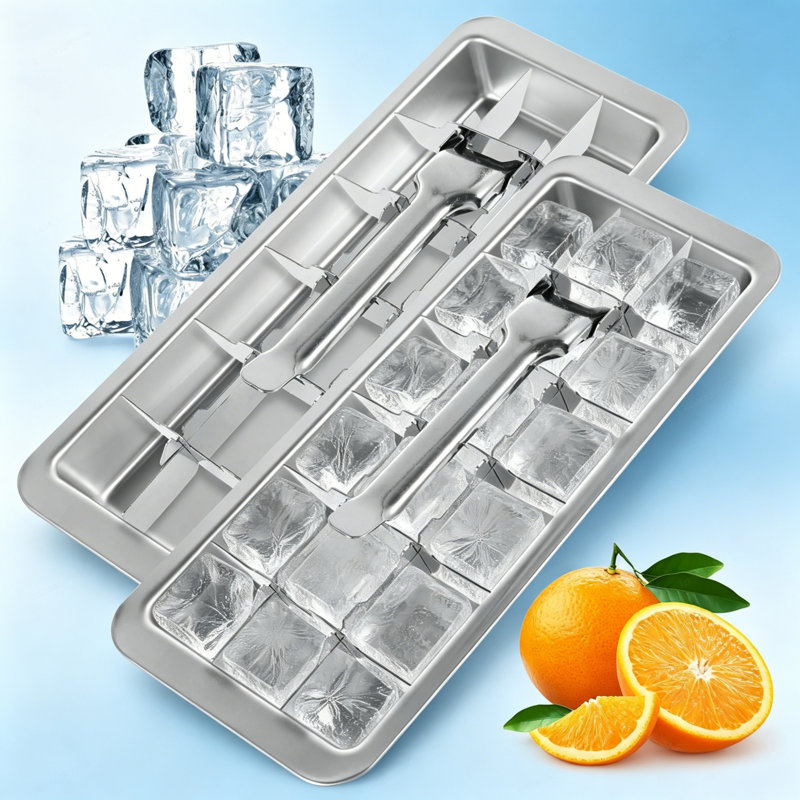 Set of 2 Stainless Steel Ice Cube Trays, 18-Cavity Detachable Metal Ice Maker with Easy Release Lever Handle, Removable Square Ice Cube Mould for Freezer, Multi-Use for Ice Cubes, Frozen Juice & Baby Food