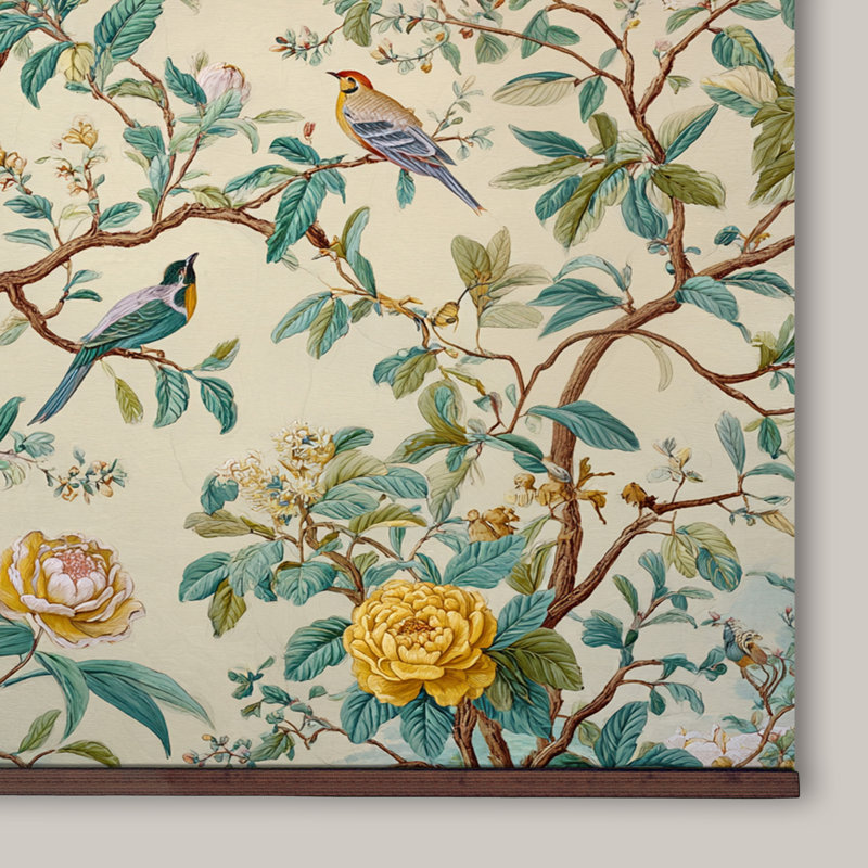 Très grande tapisserie «Chinoiserie Botanical Canvas» avec oiseaux et fleurs, H 32 po x l 48 po