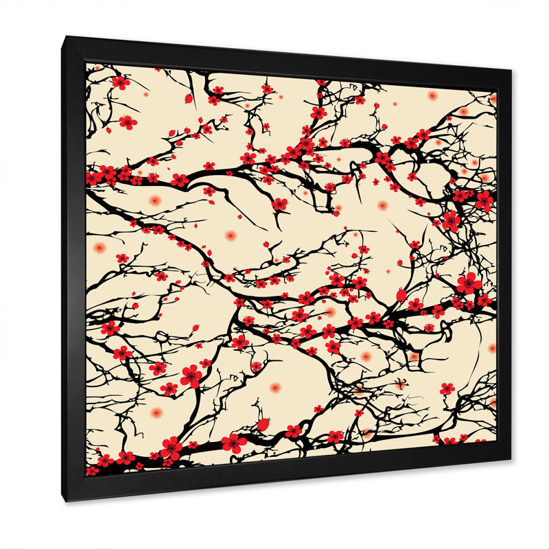 «Cherry Tree Blossoms On Yellow», reproduction d'art sur toile traditionnelle, H 16 po x l 16 po x P 1 po, Cadre photo noir