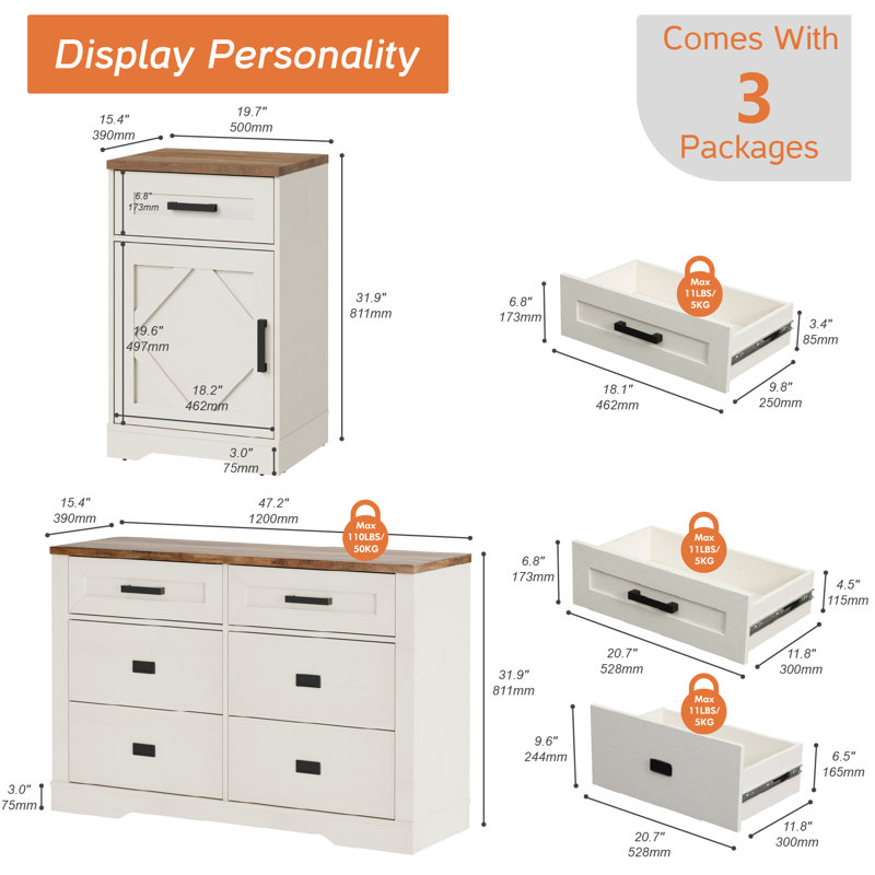 Ensemble de commode de chambre à coucher et table de chevet 3 pièces Laziza, Blanc
