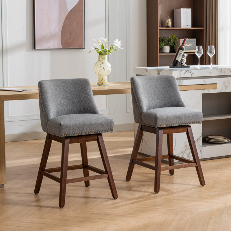 Counter Height Swivel Barstools Set Of 2 With Nails Decoration, Gray