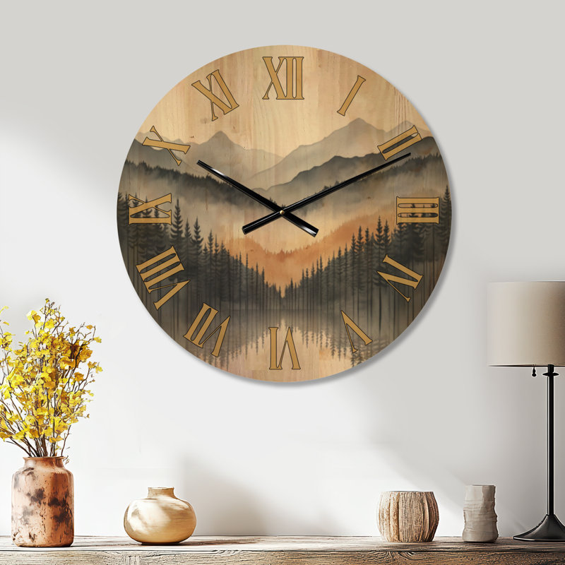 Horloge murale Golden Mist Pine Forest IV - Montagnes, grande taille, imprimée sur bois, Grand