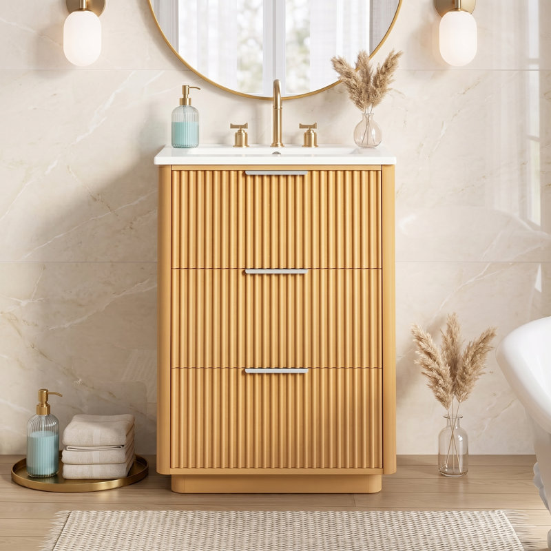 Meuble-lavabo moderne 24 po avec lavabo en céramique, structure en bois massif, 3 tiroirs et quincaillerie à fermeture en douceur, finition bois naturel