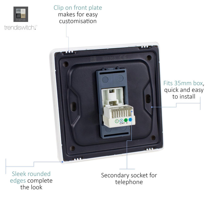 Trendi Switch 1 Gang Cat 3 Telephone Socket, Carbon Fibre