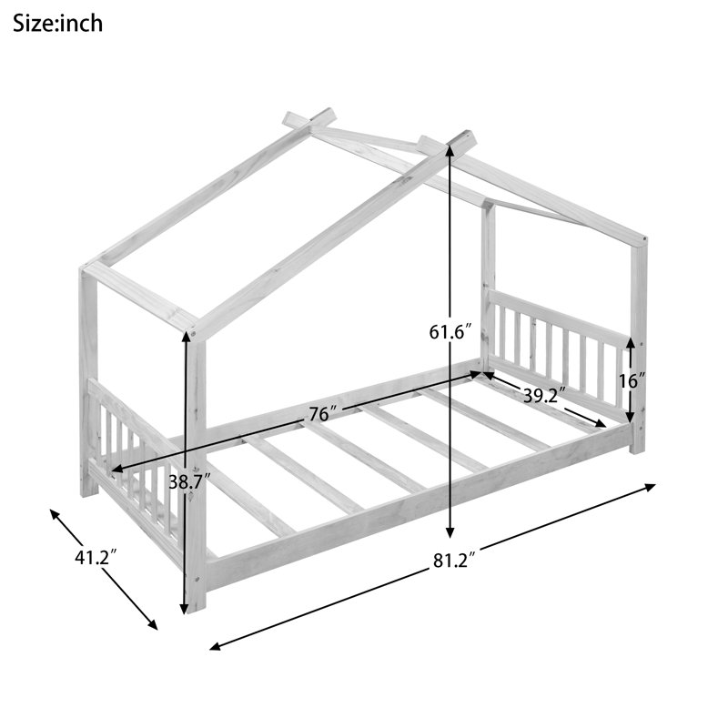 Lit plateforme simple avec tête de lit et pied de lit, conception de toit, naturel