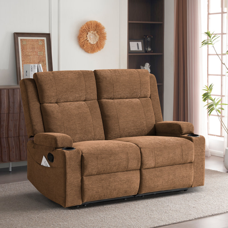 Modern Chenille Manual Reclining Loveseat With Cup Holders & Storage Armrests, Adjustable Backrest, Compact Design For Living Room-Brown