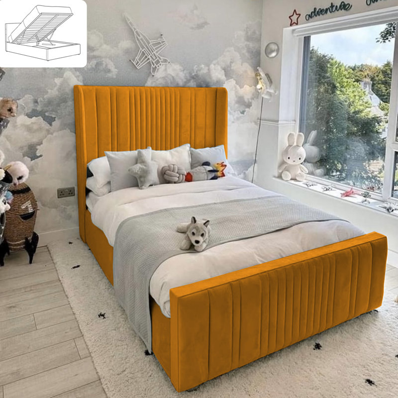 Monai Bed - Wingback Ottoman Storage with Plush Velvet Gas Lift and Headboard, Mustard