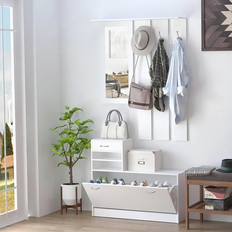 Armoire à combinaison avec armoire à chaussures + étagère suspendue + miroir, Blanc mat