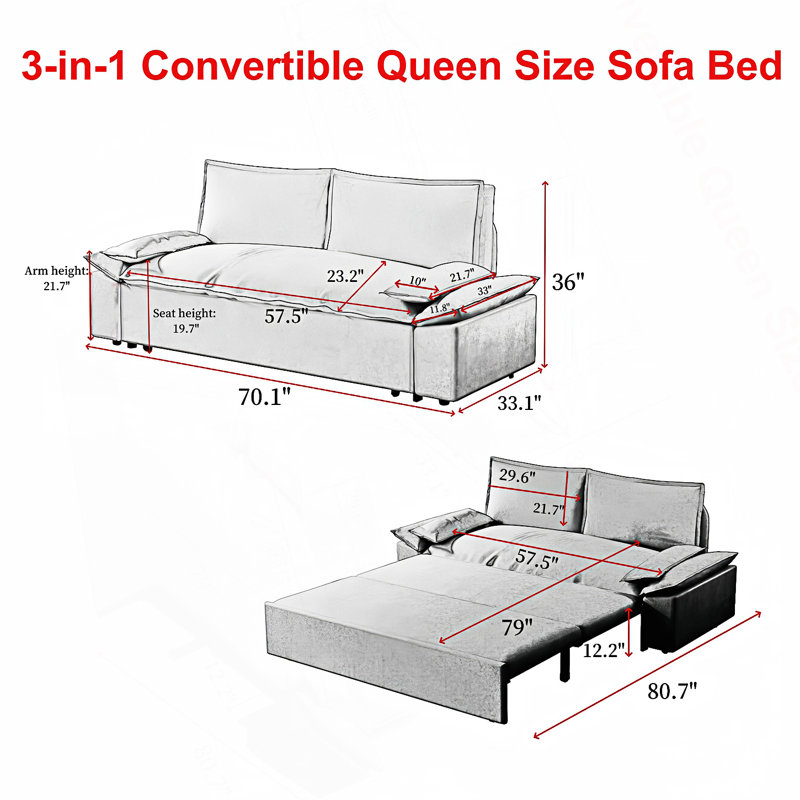 Pull Out Sofa Bed, 3-In-1 Convertible Sleeper Sofa With 2 Soft Pillows, Multi-Functional Loveseat Bed, Comfy Couch