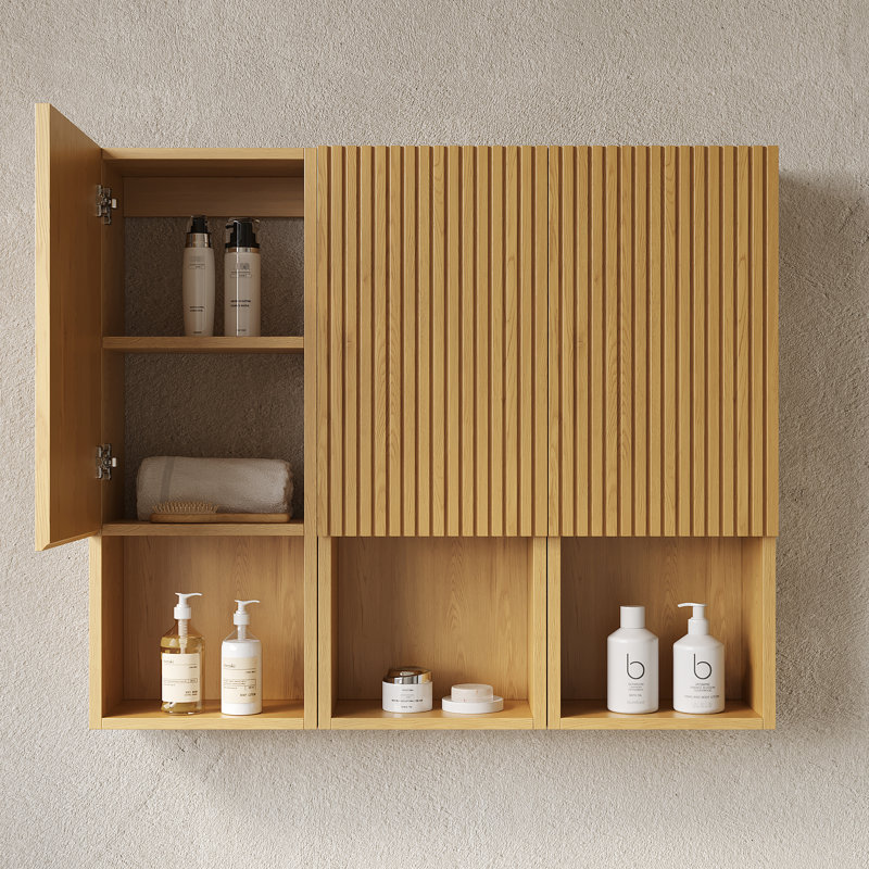 41" Bathroom Cabinet - 31 Design Oak Colored Plywood Made - Semi- French 3D Groove Door Panels Storage 3 Modules Hue Crafted Doors & Open Shelves