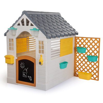 Dolu: maisonnette de jardin avec clôture - jouet intérieur / extérieur, porte de tableau, design charmant et durable, blanc / jaune - enfants-tout-petits 2+