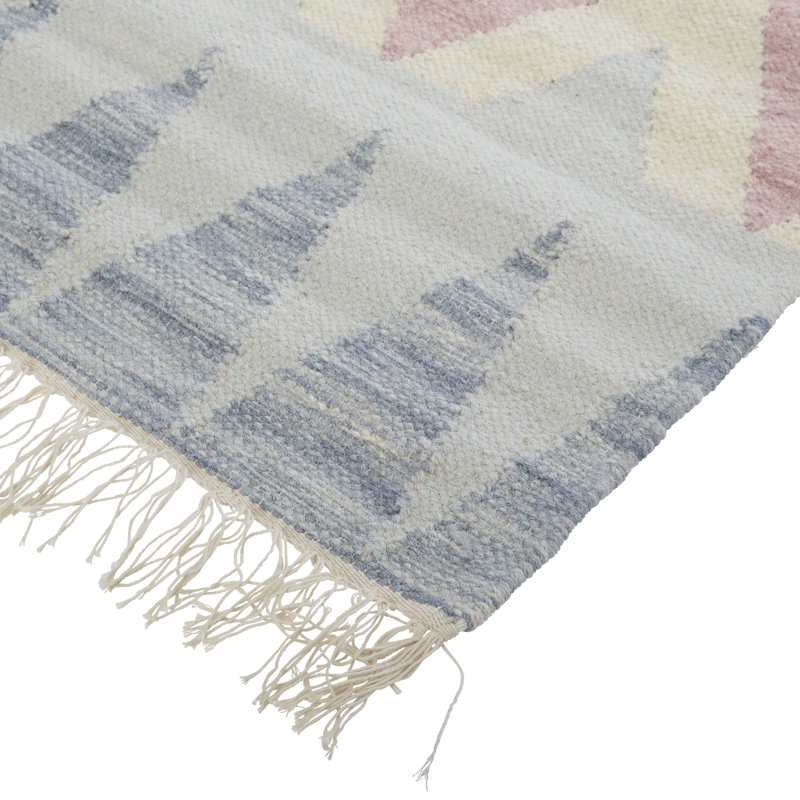 Geometric Handmade Flatweave Wool/Cotton Blue/Red/Mustard Area Rug, Rectangle 8' x 10'