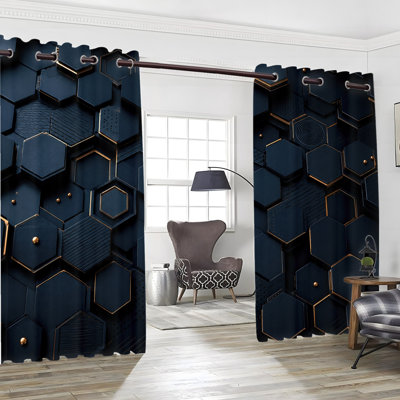 2PCS Grommet Top Blackout Curtain Drapes, Luxury Hexagon Honeycomb Metal Texture Geometric Printed Fabric, Thermal Insulated Sun Blocking Noise Reducing Window Coverings with Privacy Protection, Indoor Decor for Bedroom Living Room