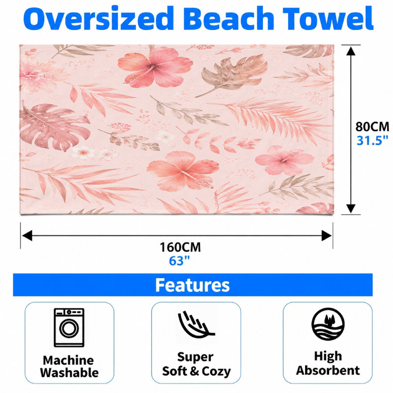 1 serviette de plage à motif floral tropical, imprimé d'hibiscus et de feuilles, microfibre à séchage rapide pour piscine, voyage, salle de sport, conception artistique en bord de mer.