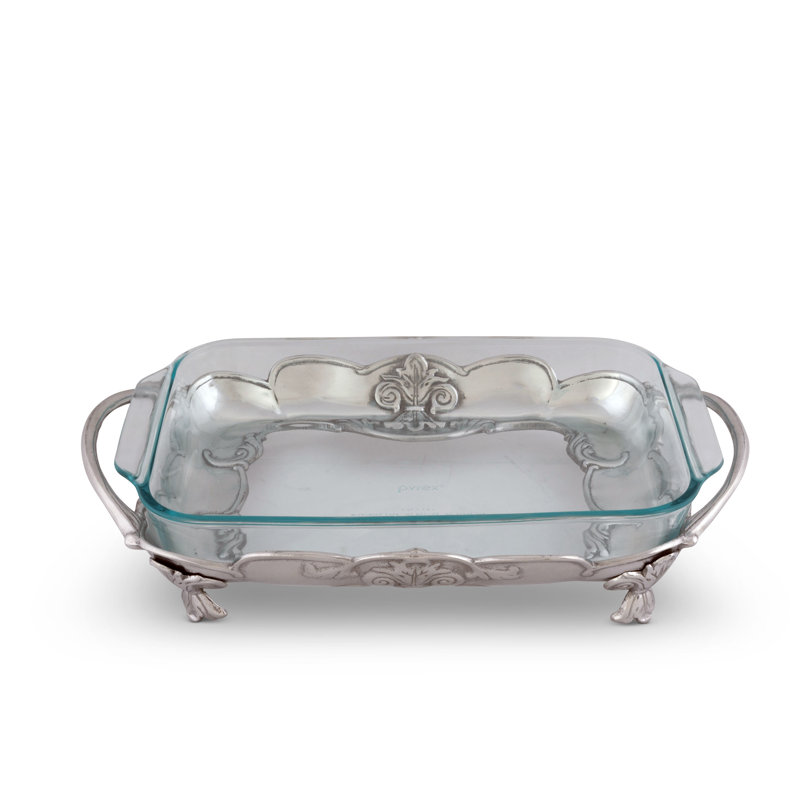 Arthur Court 17" Silver Aluminum Pyrex Holder with Fleur-De-Lis Design
