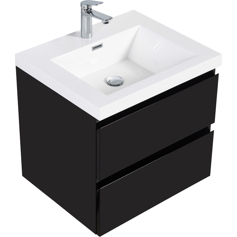 Meuble-lavabo flottant avec lavabo, meuble-lavabo mural moderne avec lavabo en résine et tiroirs à fermeture en douceur, Noir