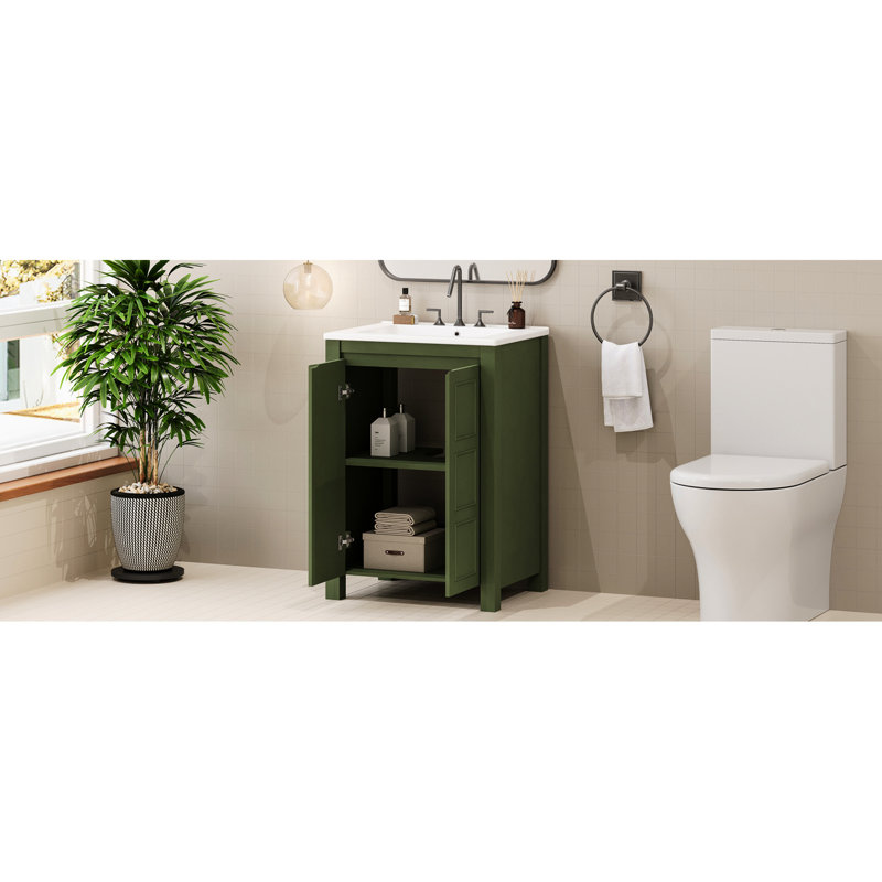 24" Bathroom Vanity With Ceramic Rectangular Sink, Solid Wood Frame, Side Panels, Soft-close Function Frame And