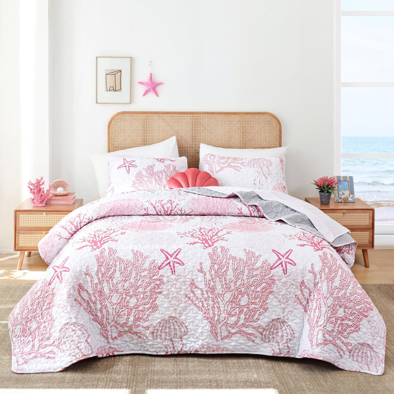 Coastal Quilt Set 2 Pieces - Bedding Lightweight Ocean Print Quilt With One Pillowcase, Pink Coral