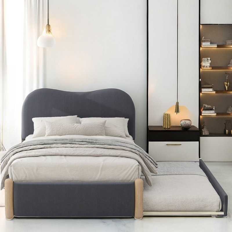 Berber Fleece Platform Bed With Curved Headboard And Twin Size Trundle