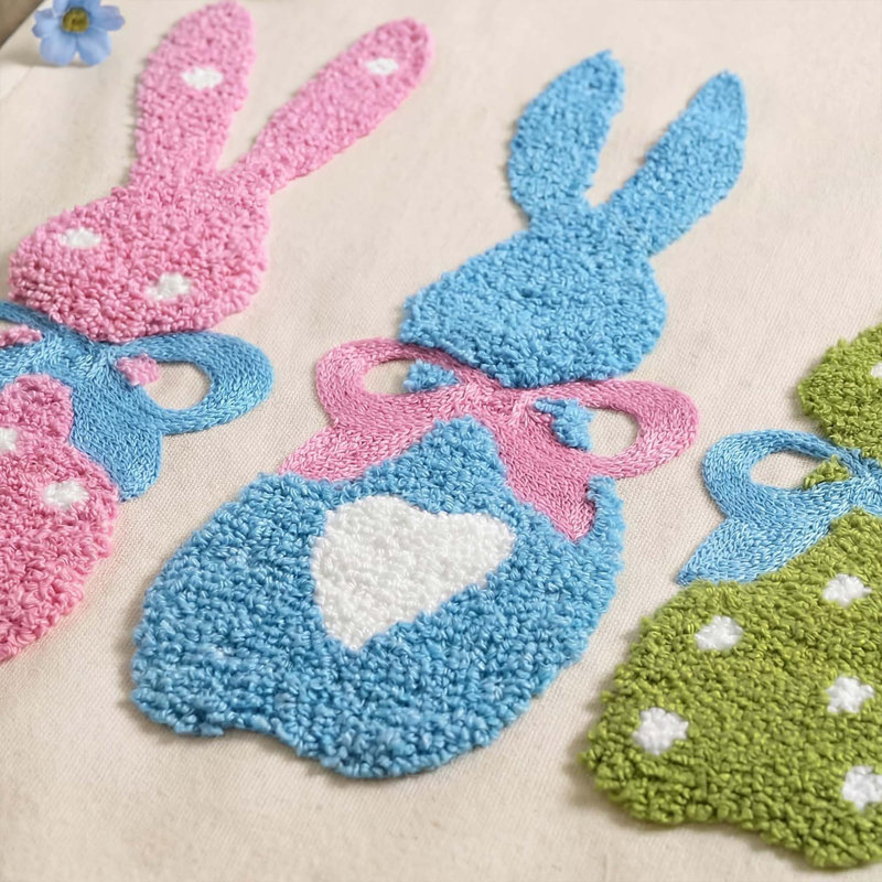 Pink Blue Green Soft Chain Embroidery Rabbit Bunny Happy Easter Table Runner Spring Kitchen Dining Decor 1 Piece
