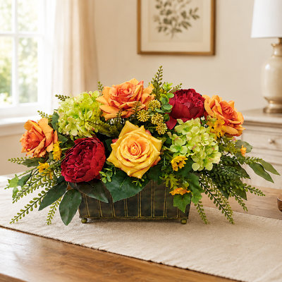 Faux Silk Rose Hydrangea and Sunflower Planter