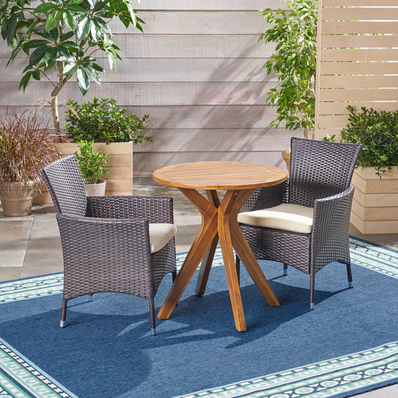 Ensemble bistro 3 pièces avec coussins Breyn, Teck / structure brune / coussin beige
