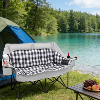 Double chaise de camping, causeuse de camping pliante surdimensionnée de 59 po avec coussin rembourré épais, porte-verres à vin et poches de refroidissement, canapé de camping extérieur portable
