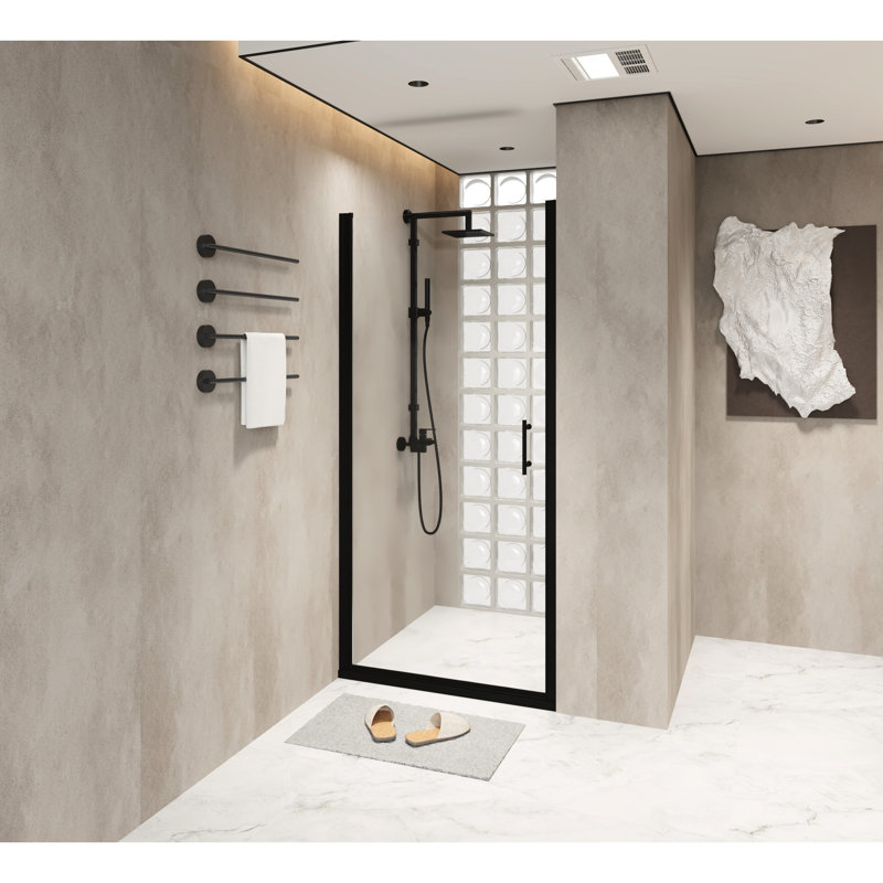 28X72 Pivot Shower Door Featuring Black Aluminum Half Frame, 6Mm Transparent Tempered Glass, Film, Raised Water - Blocking Strip, Shock Packaged For Bathroom Project Thick Glass With Proof Aesthetic