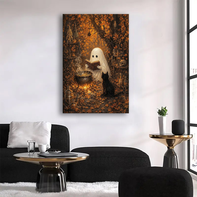 Fantôme lisant un grimoire près d'un chaudron dans une forêt d'érables en automne - Toile murale vintage pour l'Halloween