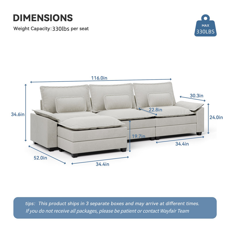 116'' Wide Modular Sectional Sofa With Removable Cushions, Ottoman, And Boucle Upholstery, Cream