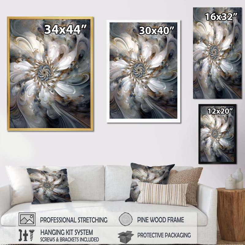 «Blossoming White Fractal Flower I», reproduction d'art sur toile, H 44 po x l 34 po x P 1,5 po, Cadre flottant blanc