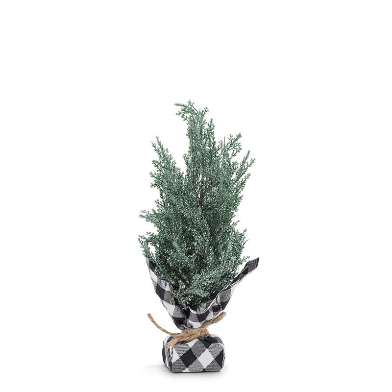 Arbre de table enneigé avec base en tissu écossais