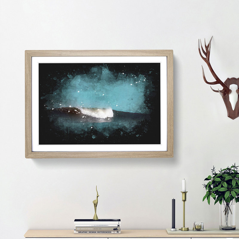 Wave Curl - Single Picture Frame Print on MDF, 62cm H x 87cm W x 2cm D, Oak Framed