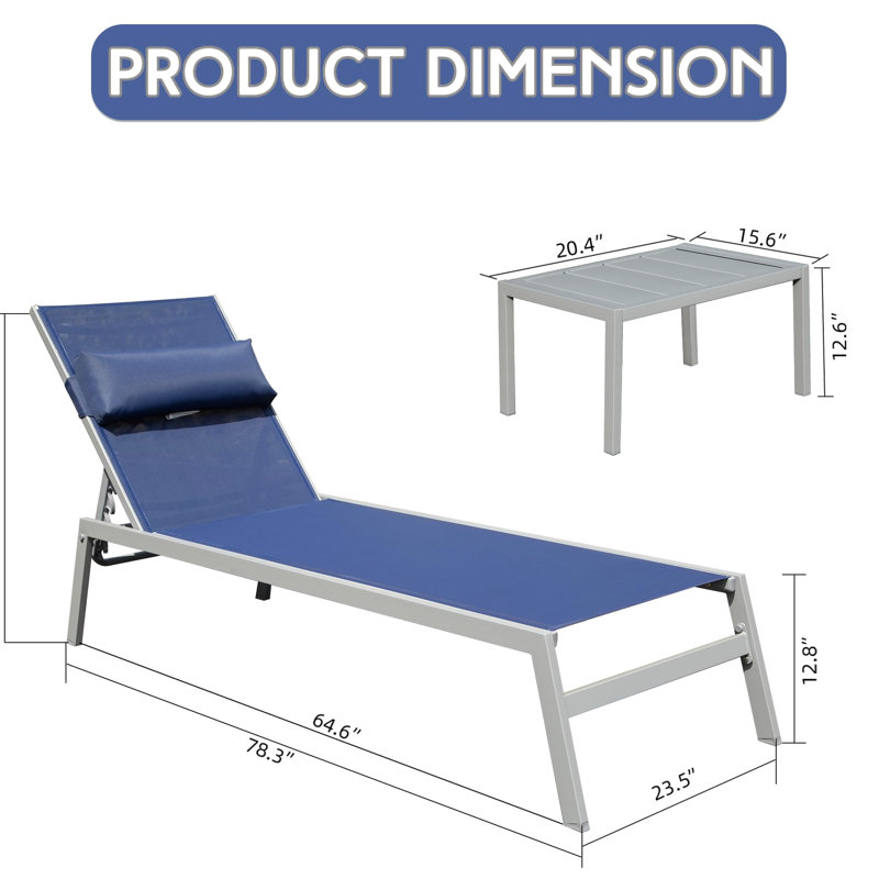 Chaise longue de patio pour 3 personnes: chaises de piscine en aluminium bleu marine avec table d'appoint. Extérieur réglable pour la plage, la cour, le balcon. Construction, table respirante en bleu marine. Rouille - Structure confortable