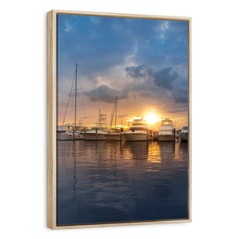 Miami Marina At Sunset, Floating Frame Natural Wood, 25" x 37"