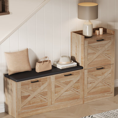 Farmhouse Shoe Storage Bench with 4 Flip Drawers, Padded Seat Shoe Cabinet Organizer for Hallway