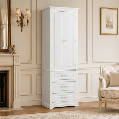 Freestanding Tall Bathroom Storage Linen Cabinet With Drawers, Adjustable Shelves, Metal Handles