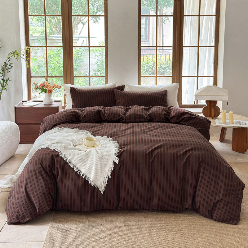 Ensemble de housse de couette rayé 100% coton délavé DONEUS, Housse de couette double + 2 taies d'oreiller stan