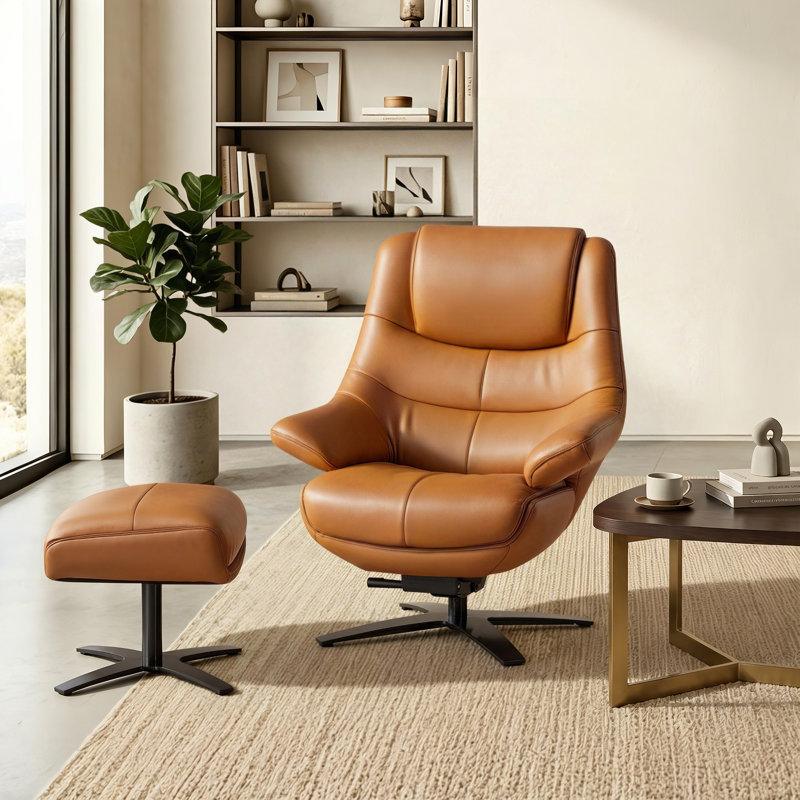  360° Swivel Genuine Leather Recliner Chair with Ottoman, Adjustable Backrest Accent Chair for Living Room, Tawny