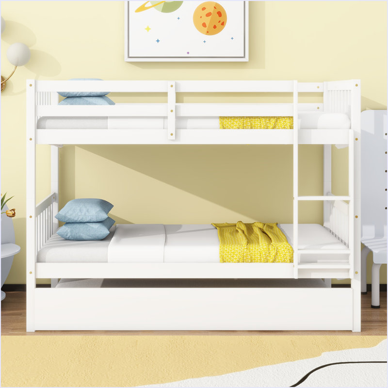 Lit simple superposé en bois d'hévéa simple avec lit gigogne, convertible en lit simple, Blanc